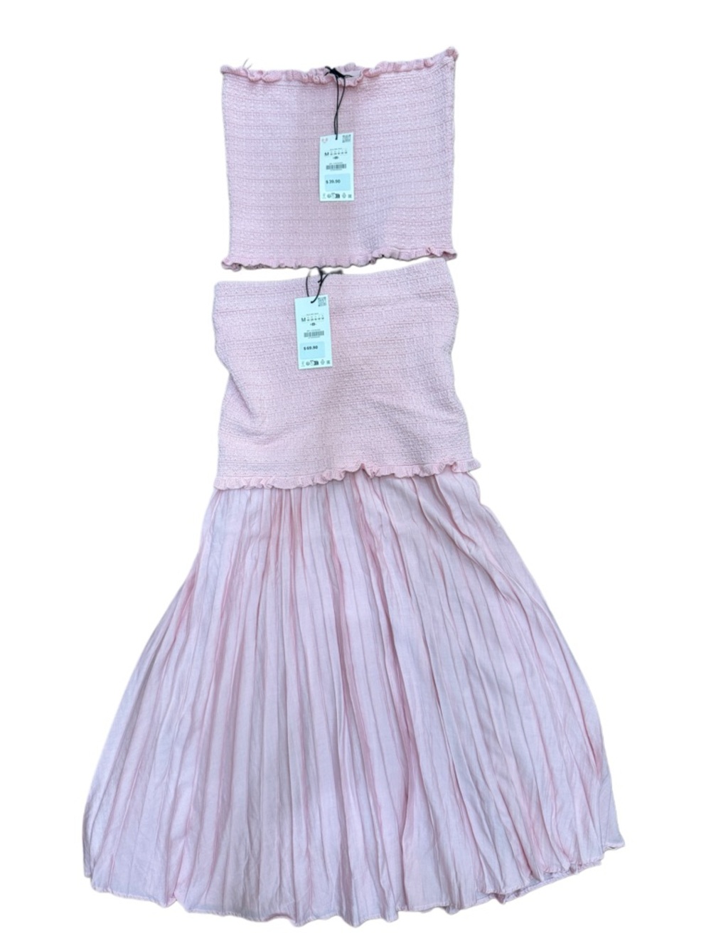 Zara Pink Textured Knit Strapless Top & Midi Skirt Set NWT M
